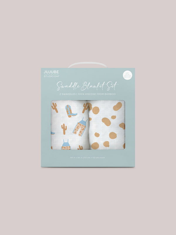 2-pack-square-swaddle-blanket-set-howdy-partner-blue jujube bags at sophiasstyle.com Swaddle Blanket Sets